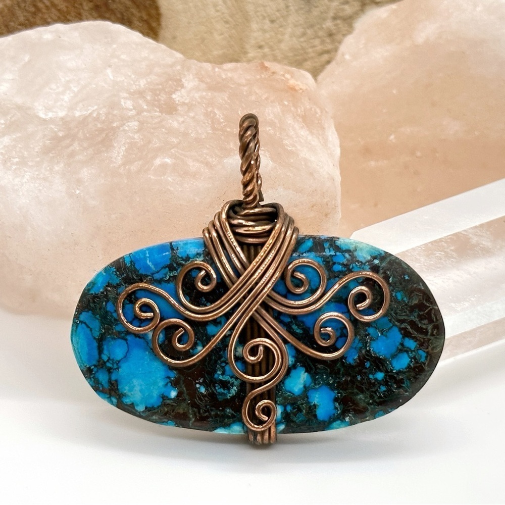 Blue Turquoise Copper Wrapped Handmade Pendant Necklace